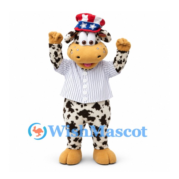 Cow Mascot Costume in Black and White with Pinstriped Shirt and Star Pattern Hat