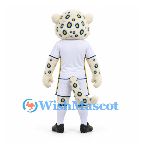 Leopard Mascot Costume in Cream with Blue Spots and White Sports Uniform