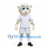 Leopard Mascot Costume in Cream with Blue Spots and White Sports Uniform