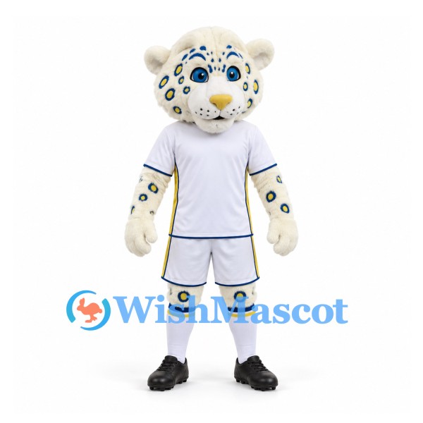 Leopard Mascot Costume in Cream with Blue Spots and White Sports Uniform