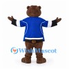 Bear Mascot Costume in Brown with Blue Hockey Jersey