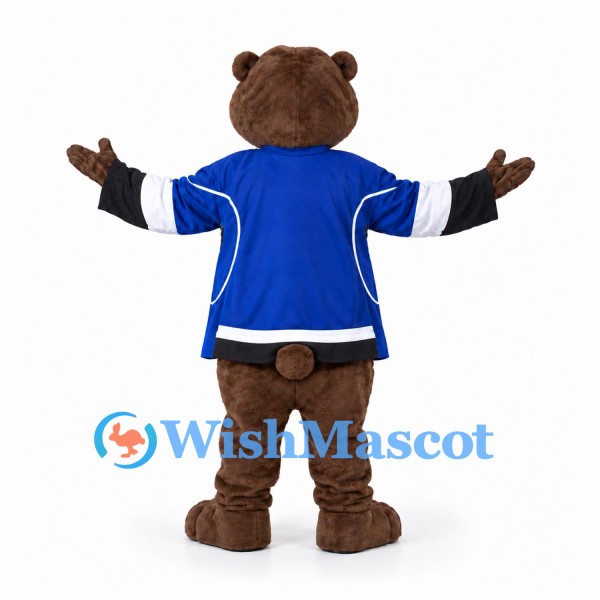 Bear Mascot Costume in Brown with Blue Hockey Jersey
