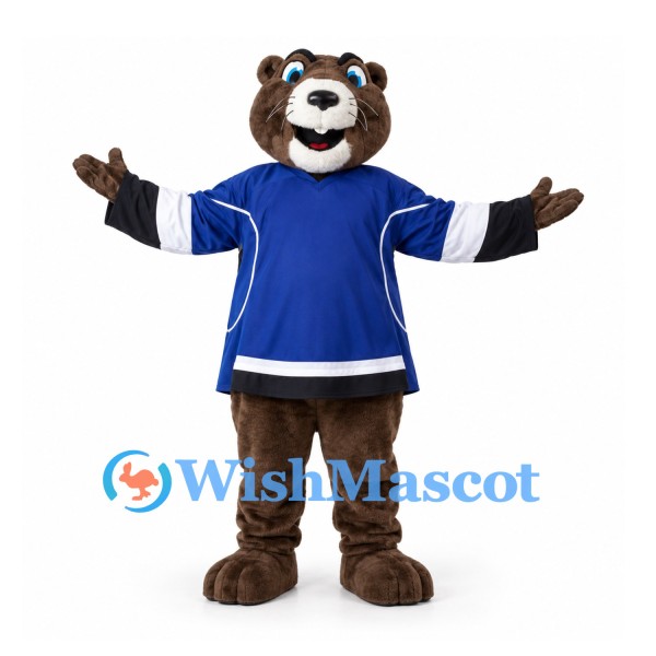 Bear Mascot Costume in Brown with Blue Hockey Jersey