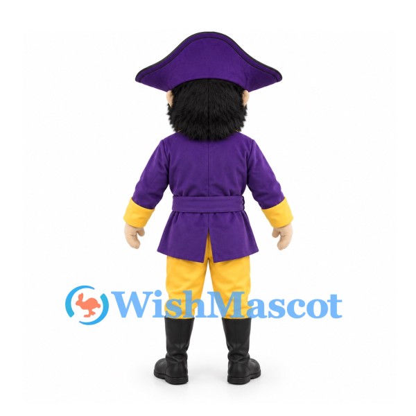 Pirate Mascot Costume in Purple and Yellow with Black Beard and Tricorn Hat