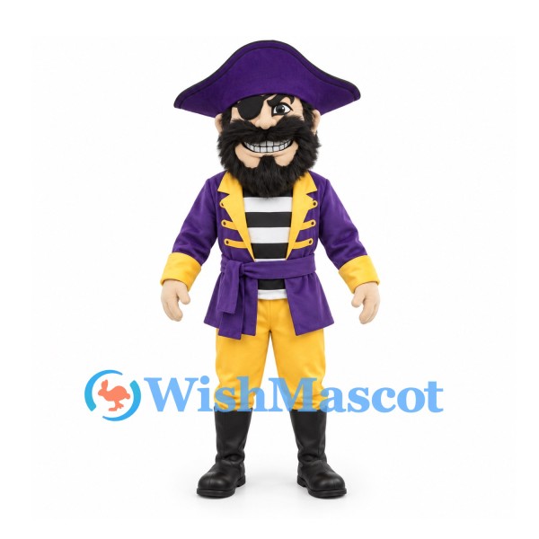 Pirate Mascot Costume in Purple and Yellow with Black Beard and Tricorn Hat