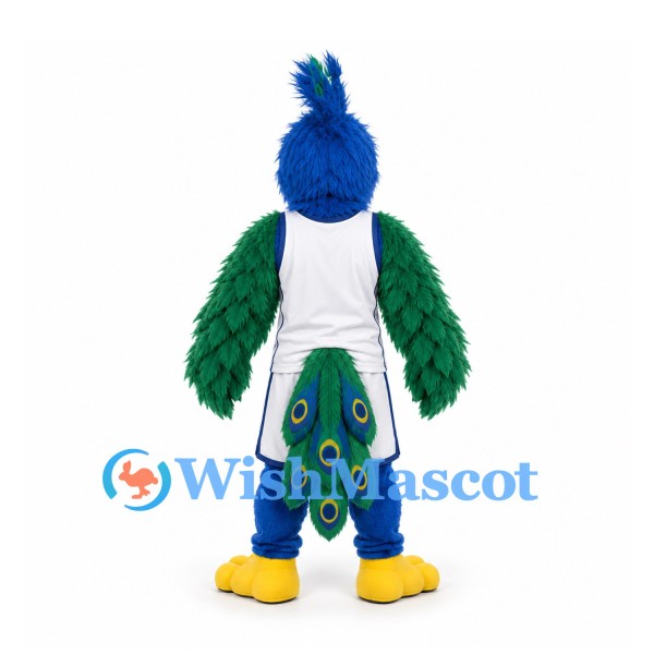 Peacock Mascot Costume in Blue and Green with White Sports Uniform