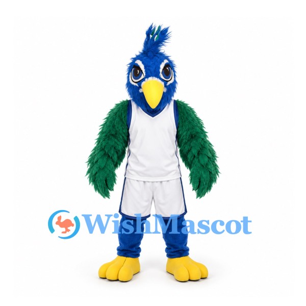 Peacock Mascot Costume in Blue and Green with White Sports Uniform