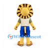 Lion Mascot Costume in Gold with Striped Headdress Beige Vest and Blue Shorts