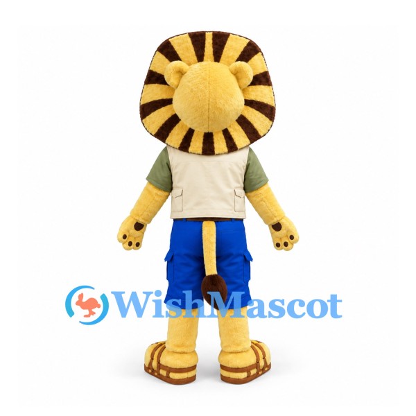 Lion Mascot Costume in Gold with Striped Headdress Beige Vest and Blue Shorts