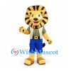 Lion Mascot Costume in Gold with Striped Headdress Beige Vest and Blue Shorts
