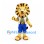 Lion Mascot Costume in Gold with Striped Headdress Beige Vest and Blue Shorts