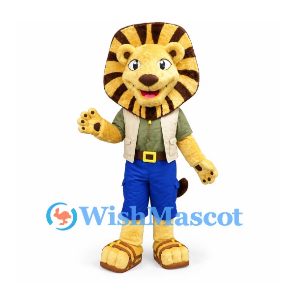 Lion Mascot Costume in Gold with Striped Headdress Beige Vest and Blue Shorts