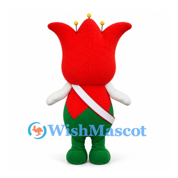 Flower Character Mascot Costume in Red and Green with White Diagonal Sash