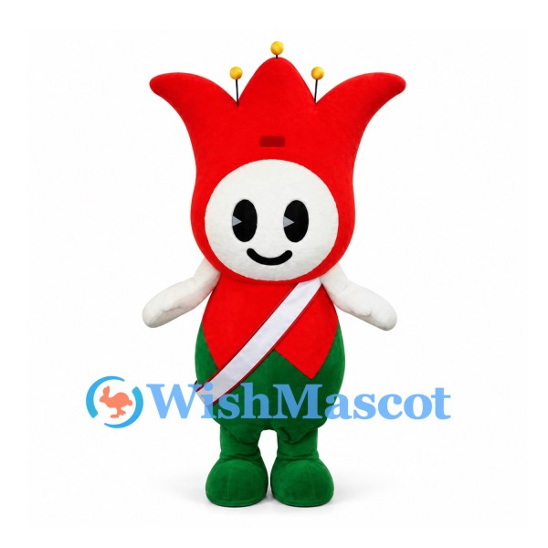 Flower Character Mascot Costume in Red and Green with White Diagonal Sash