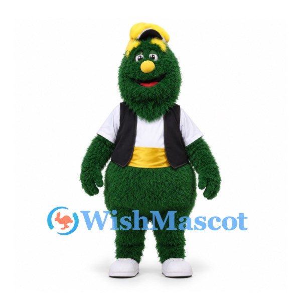 Monster Mascot Costume in Dark Green with Yellow Cap and Black Vest
