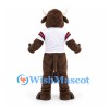 Bull Mascot Costume in Brown with White Sports Jersey and Red Sleeve Trim