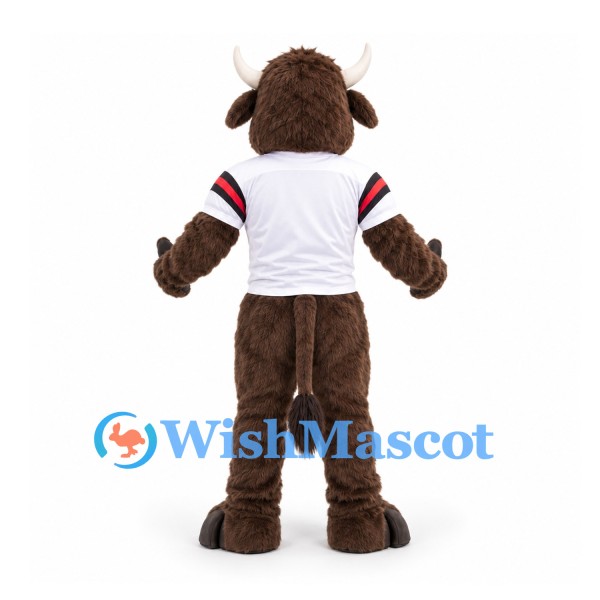 Bull Mascot Costume in Brown with White Sports Jersey and Red Sleeve Trim