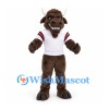 Bull Mascot Costume in Brown with White Sports Jersey and Red Sleeve Trim
