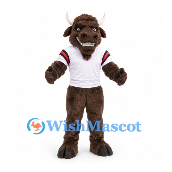 Bull Mascot Costume in Brown with White Sports Jersey and Red Sleeve Trim