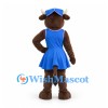 Cow Mascot Costume in Brown with Blue Dress and Matching Bow