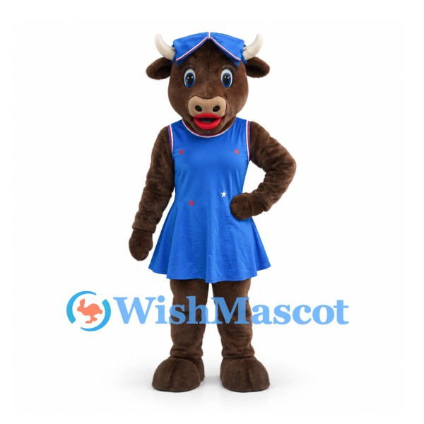Cow Mascot Costume in Brown with Blue Dress and Matching Bow