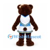 Bear Mascot Costume in Brown with White Cheerleader Dress and Blue Trim
