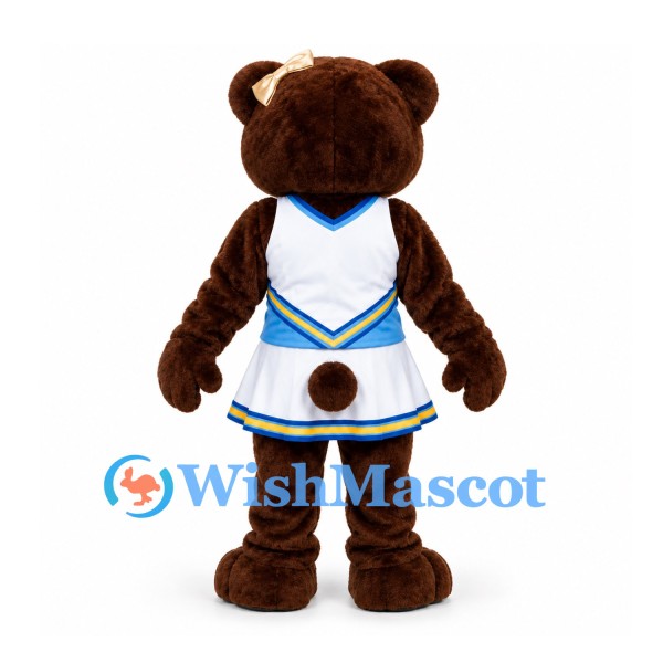 Bear Mascot Costume in Brown with White Cheerleader Dress and Blue Trim