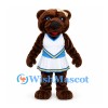 Bear Mascot Costume in Brown with White Cheerleader Dress and Blue Trim