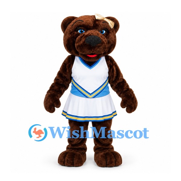 Bear Mascot Costume in Brown with White Cheerleader Dress and Blue Trim