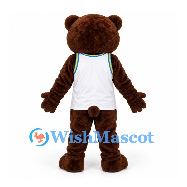 Bear Mascot Costume in Brown with White Sleeveless Sports Jersey