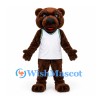 Bear Mascot Costume in Brown with White Sleeveless Sports Jersey