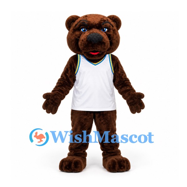 Bear Mascot Costume in Brown with White Sleeveless Sports Jersey