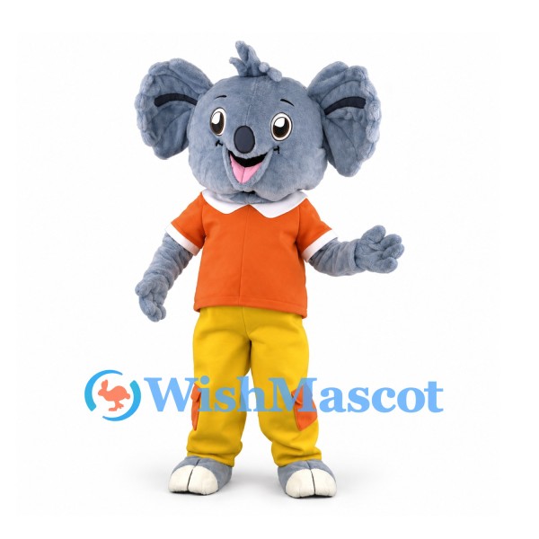 Koala Mascot Costume in Gray with Orange Shirt and Yellow Trousers