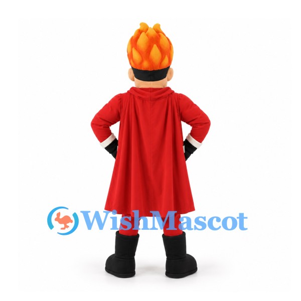 Flame Superhero Mascot Costume with Red Cape and Orange Fire Hair