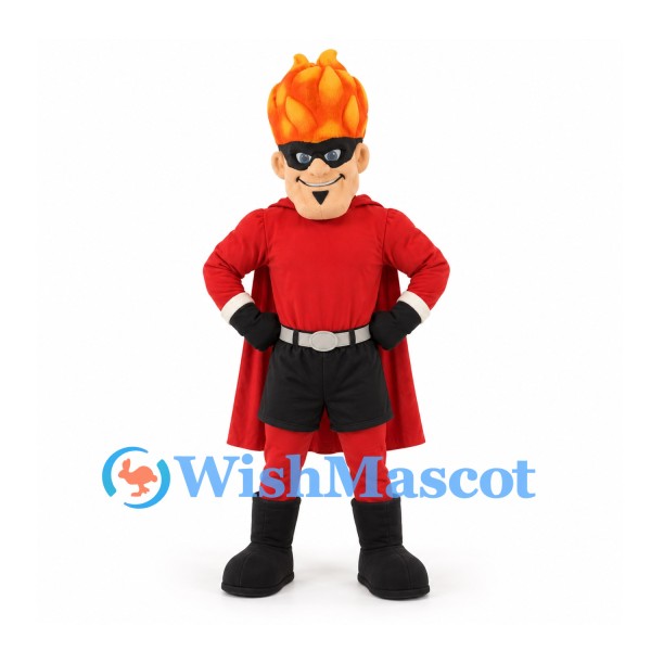 Flame Superhero Mascot Costume with Red Cape and Orange Fire Hair