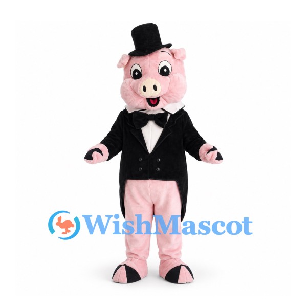 Pig Mascot Costume in Pink with Black Tuxedo and Top Hat