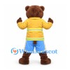 Bear Mascot Costume in Brown with Yellow Work Vest and Blue Shorts