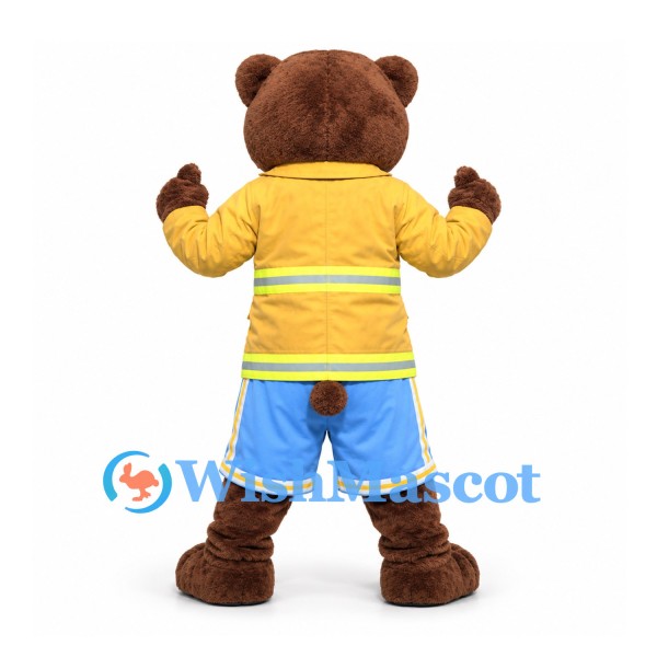 Bear Mascot Costume in Brown with Yellow Work Vest and Blue Shorts
