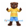 Bear Mascot Costume in Brown with Yellow Work Vest and Blue Shorts