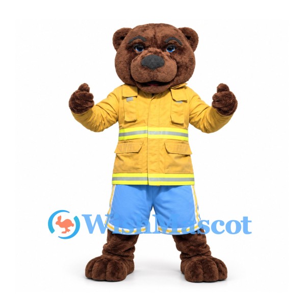 Bear Mascot Costume in Brown with Yellow Work Vest and Blue Shorts