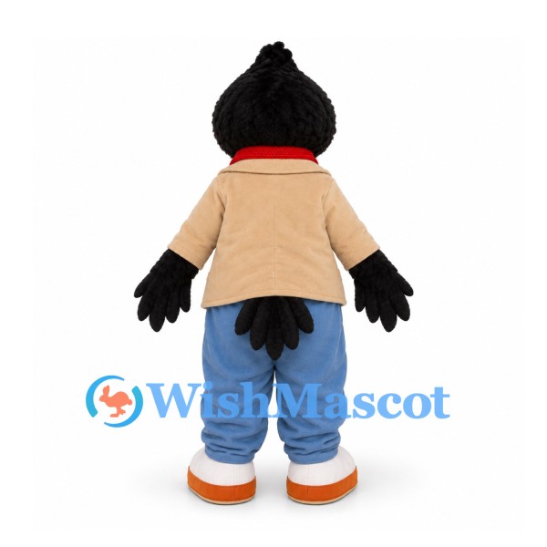 Crow Mascot Costume in Black with Beige Jacket Red Scarf and Blue Trousers