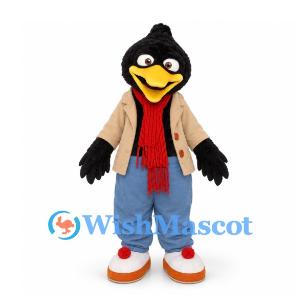 Crow Mascot Costume in Black with Beige Jacket Red Scarf and Blue Trousers