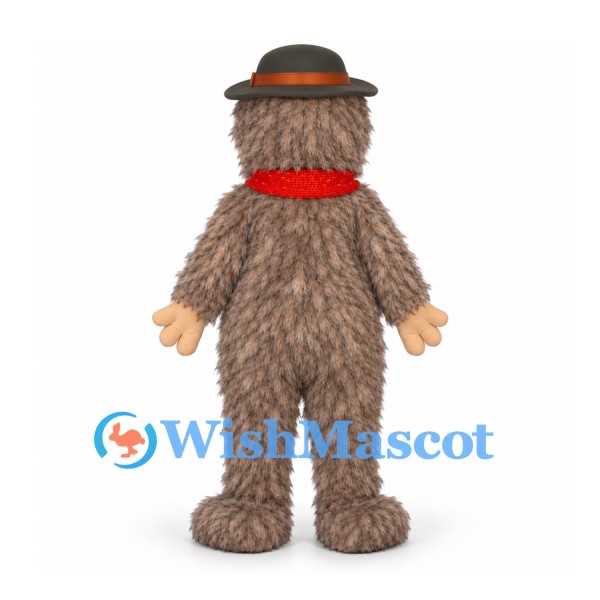 Forest Creature Mascot Costume in Gray with Shaggy Fur Hat and Red Scarf