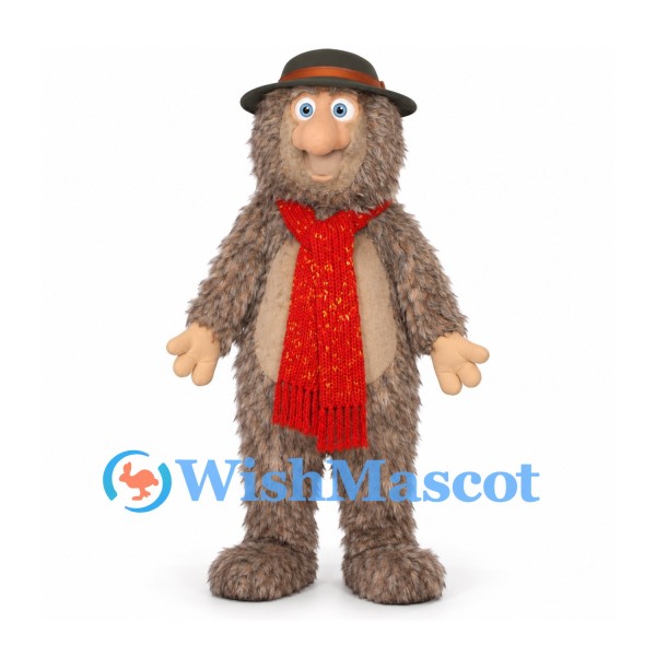 Forest Creature Mascot Costume in Gray with Shaggy Fur Hat and Red Scarf