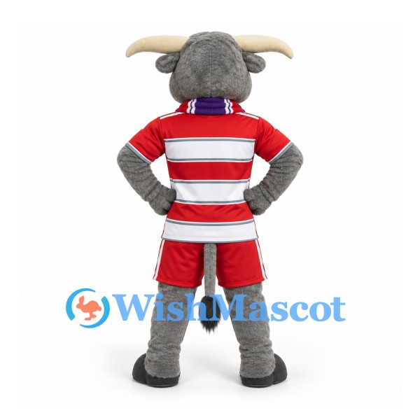 Bull Mascot Costume in Gray with Red Striped Sports Uniform and Blue Scarf