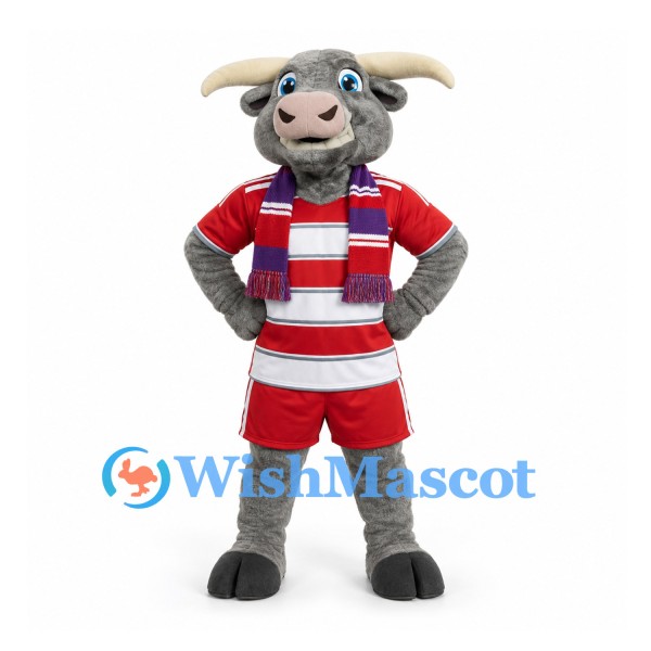 Bull Mascot Costume in Gray with Red Striped Sports Uniform and Blue Scarf