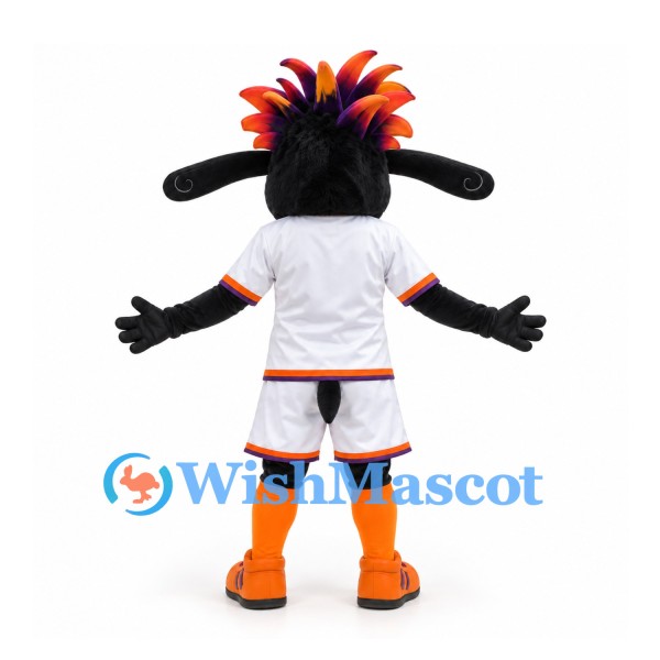 Sheep Mascot Costume in Black with Multicolor Hair and White Sports Uniform
