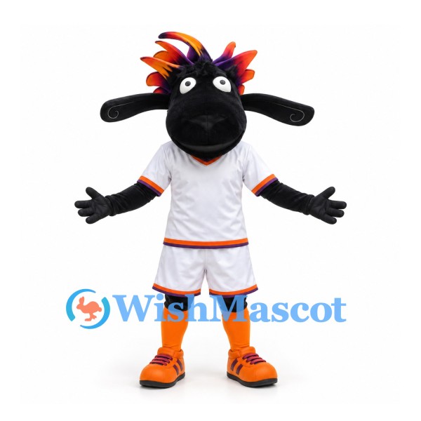 Sheep Mascot Costume in Black with Multicolor Hair and White Sports Uniform