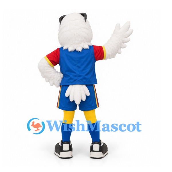 Eagle Mascot Costume in White with Blue and Red Sports Uniform and Eyelashes