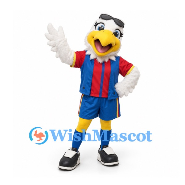 Eagle Mascot Costume in White with Blue and Red Sports Uniform and Eyelashes